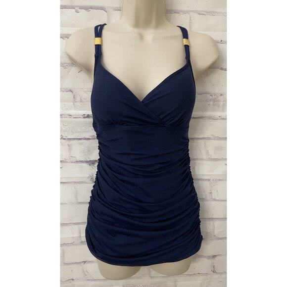 Lauren Ralph Lauren Size 8 Navy Blue‎ Draped Front One Place Slimming Swimsuit - Picture 1 of 8